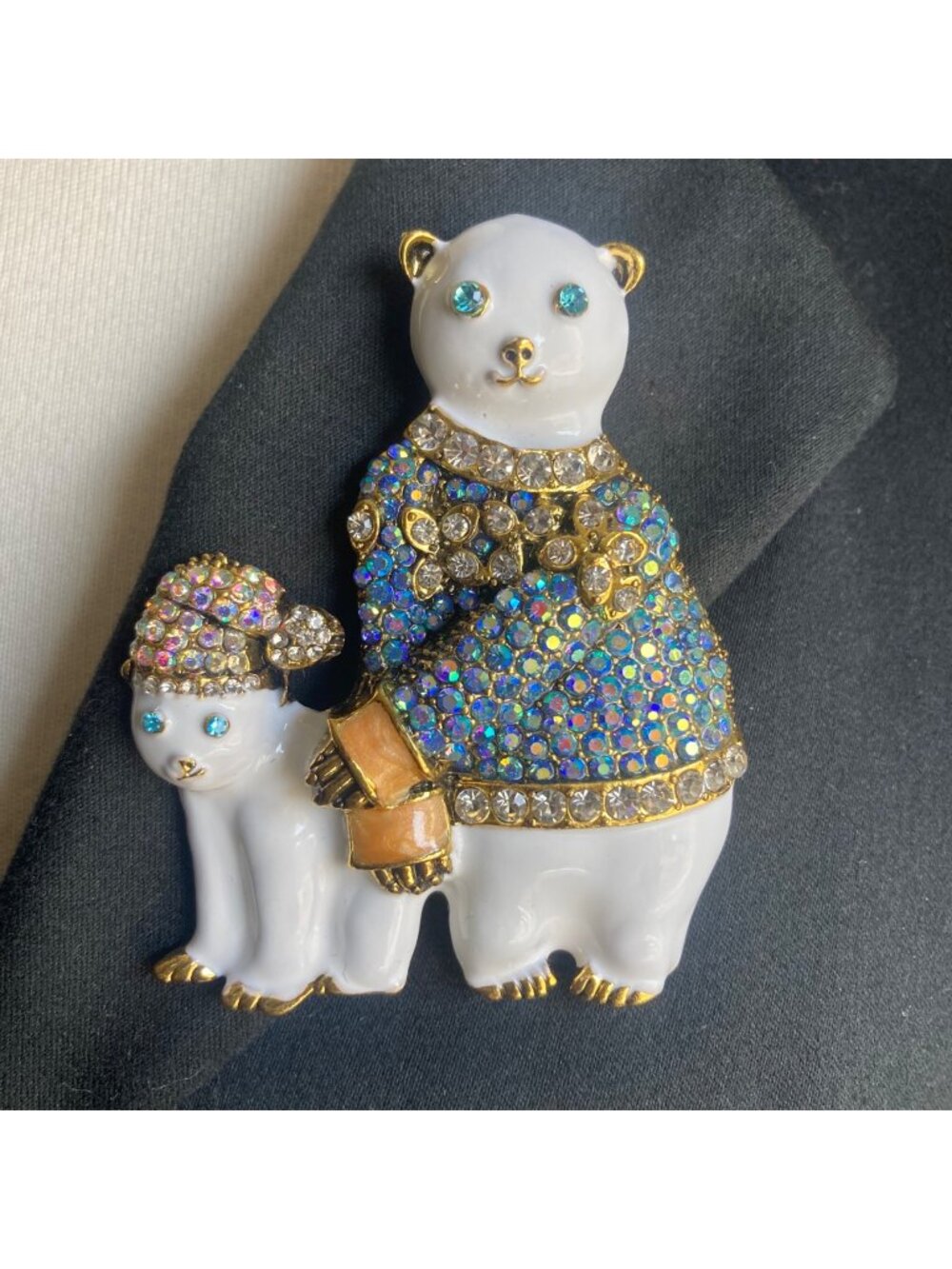Polar Bear Mother Baby Crystal Brooch Pin Gold Tone Blue 3" Statement Stunner
